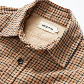 material shot of the collar on The Saddler Shirt in Teak Plaid Cord