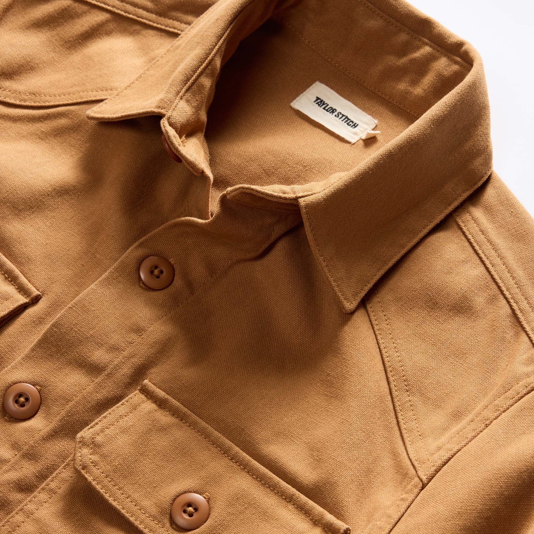 material shot of the collar on The Shop Shirt in Cedar Boss Duck, Wovens by Taylor Stitch
