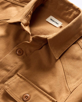 material shot of the collar on The Shop Shirt in Cedar Boss Duck, Wovens by Taylor Stitch
