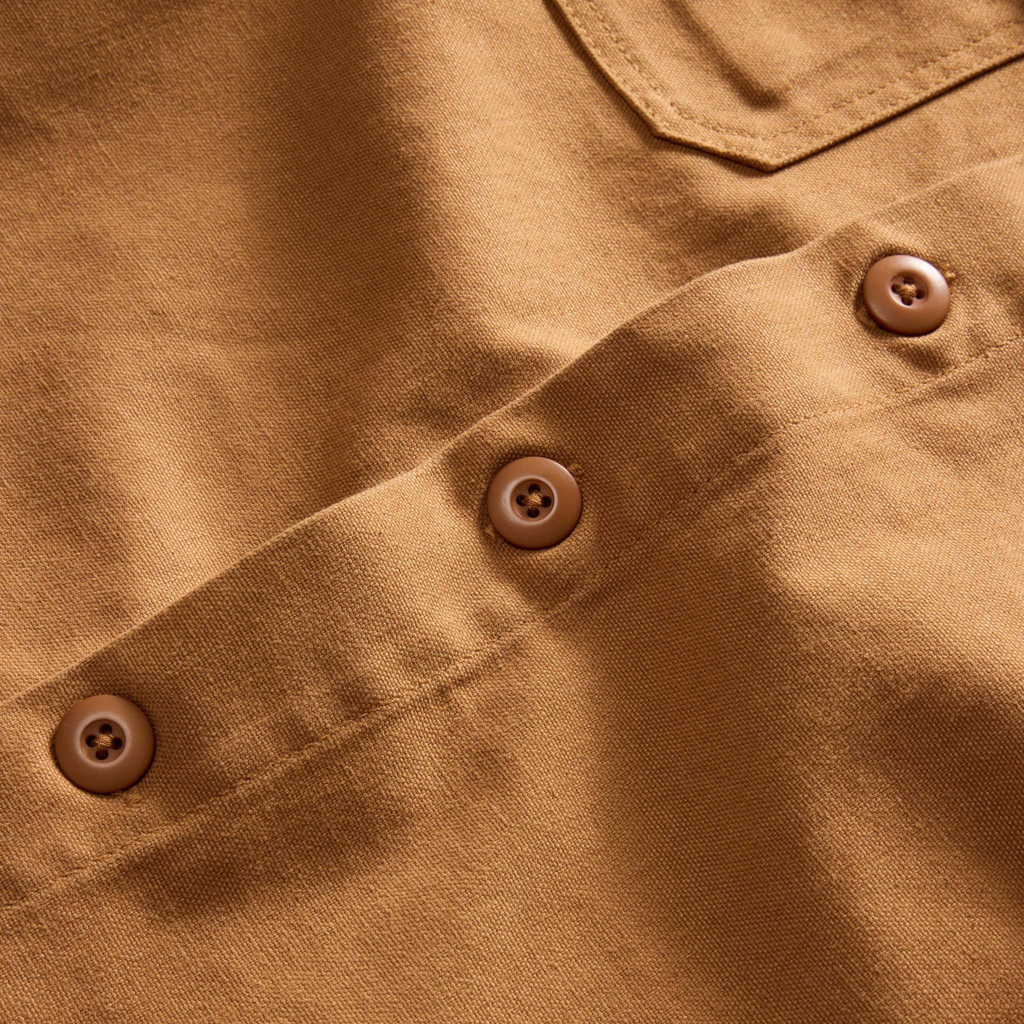 material shot of the buttons on The Shop Shirt in Cedar Boss Duck, Wovens by Taylor Stitch