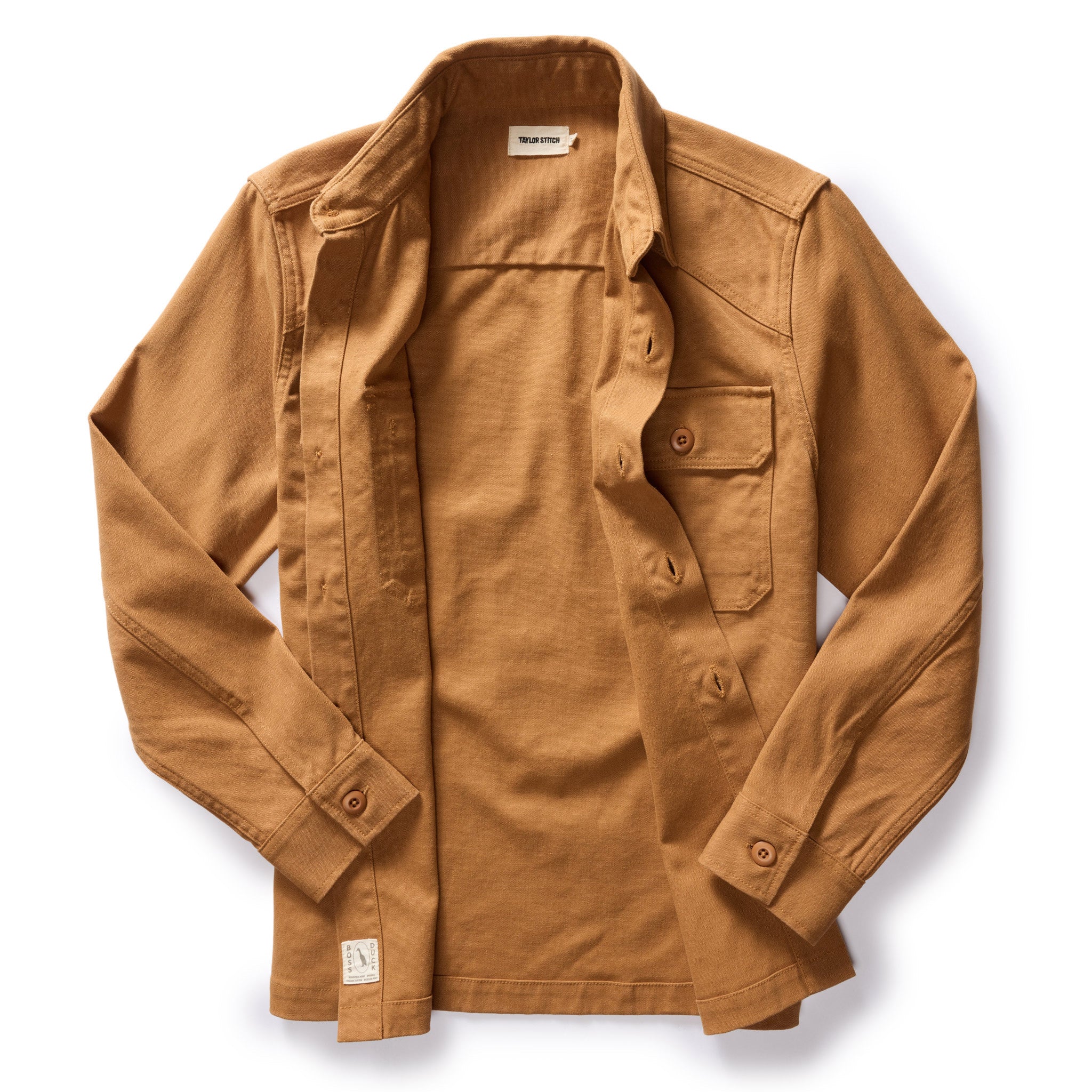 flatlay of The Shop Shirt in Cedar Boss Duck, shown open, Wovens by Taylor Stitch