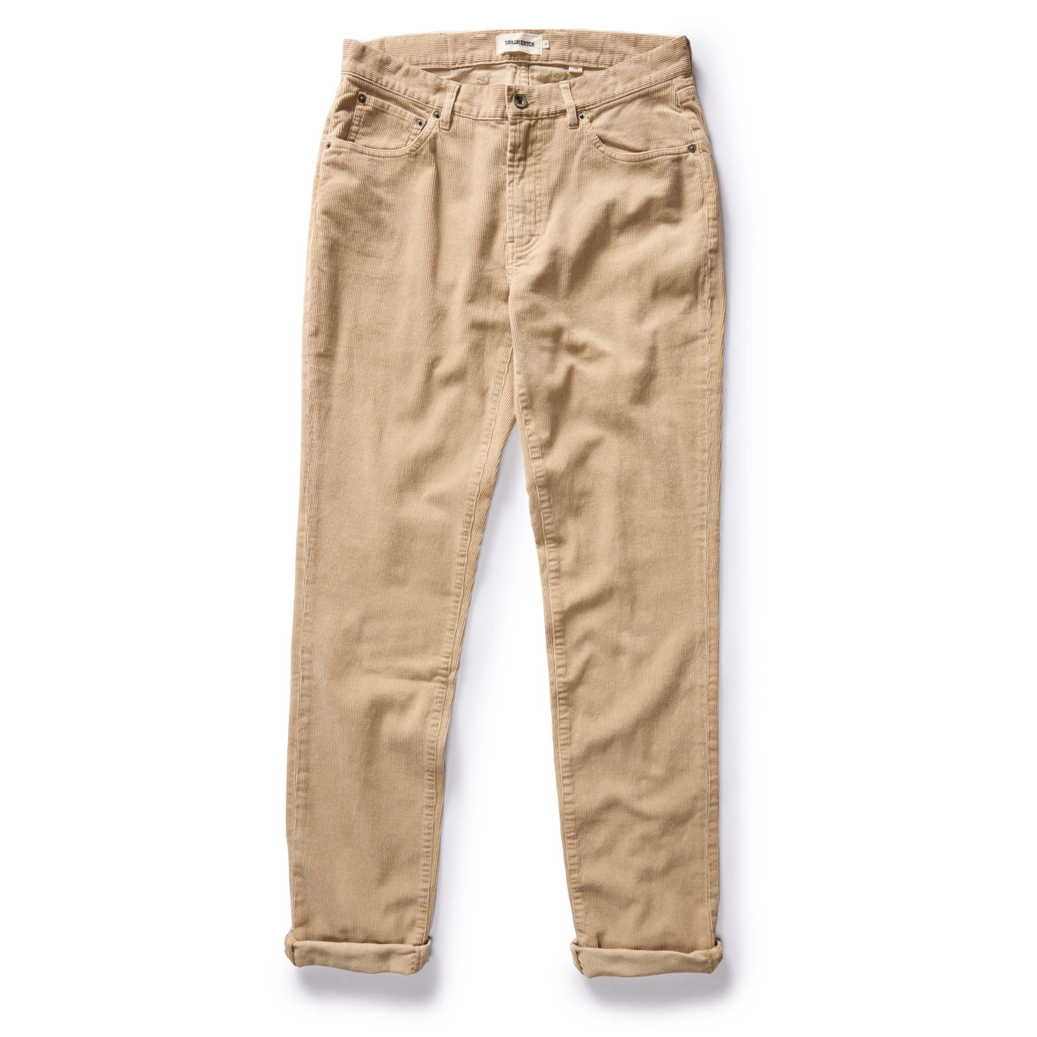 flatlay of The Slim All Day Pant in Light Khaki Cord shown in full, Bottoms by Taylor Stitch