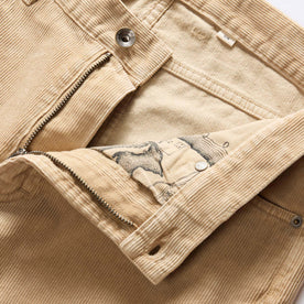 material shot of the zipper fly on The Slim All Day Pant in Light Khaki Cord