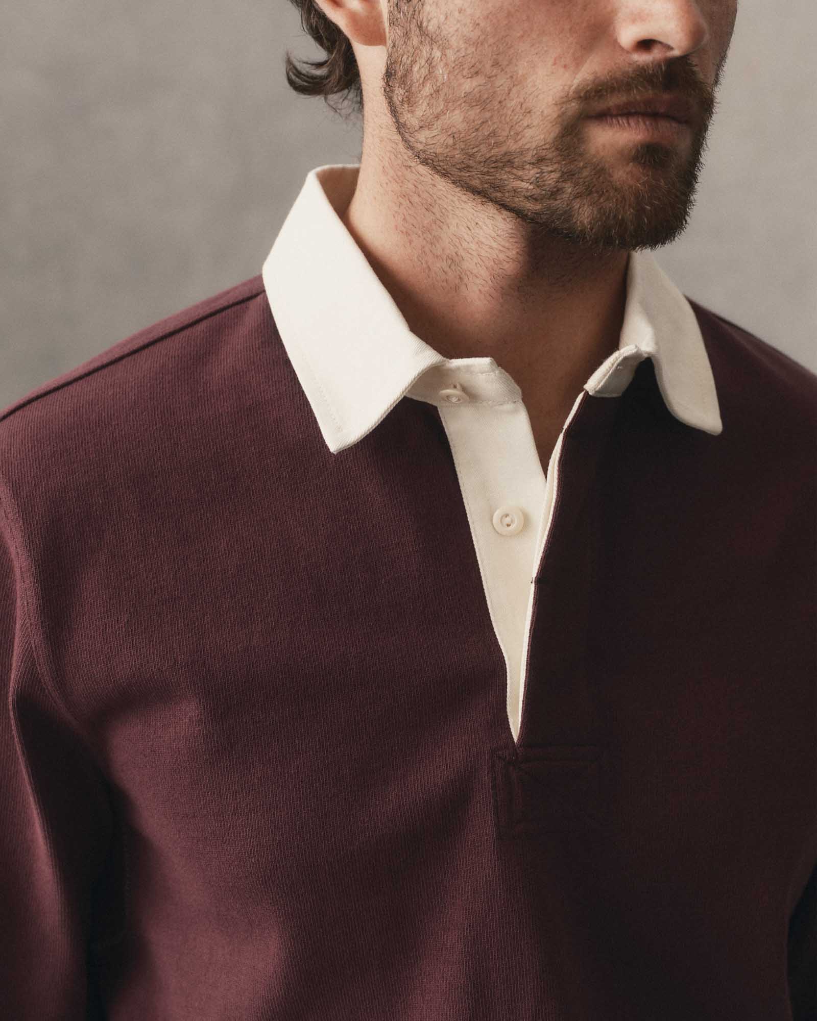 fit model showing off the collar on The Rugby Shirt in Burgundy, Knits by Taylor Stitch