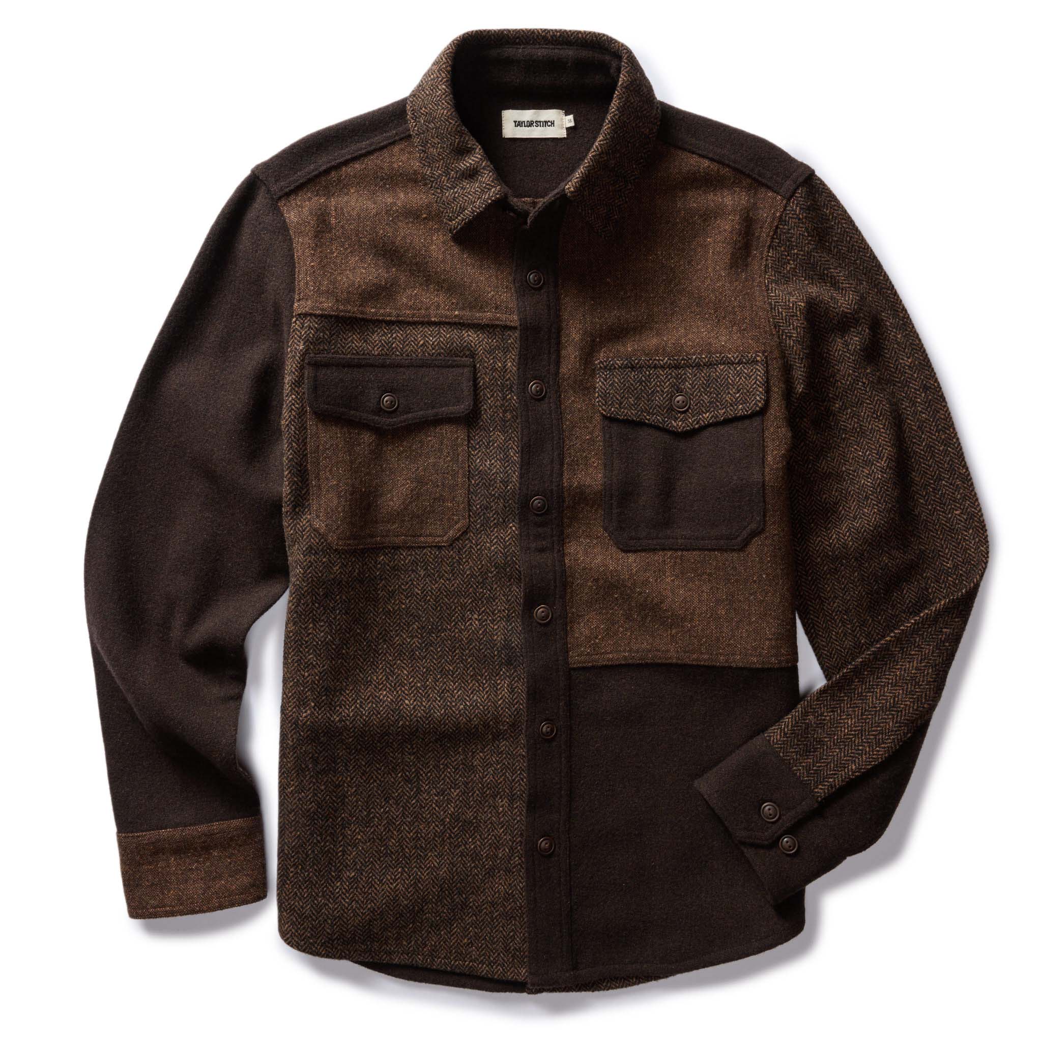 flatlay of The Patchwork Overshirt in Timber Tweed, Outerwear by Taylor Stitch