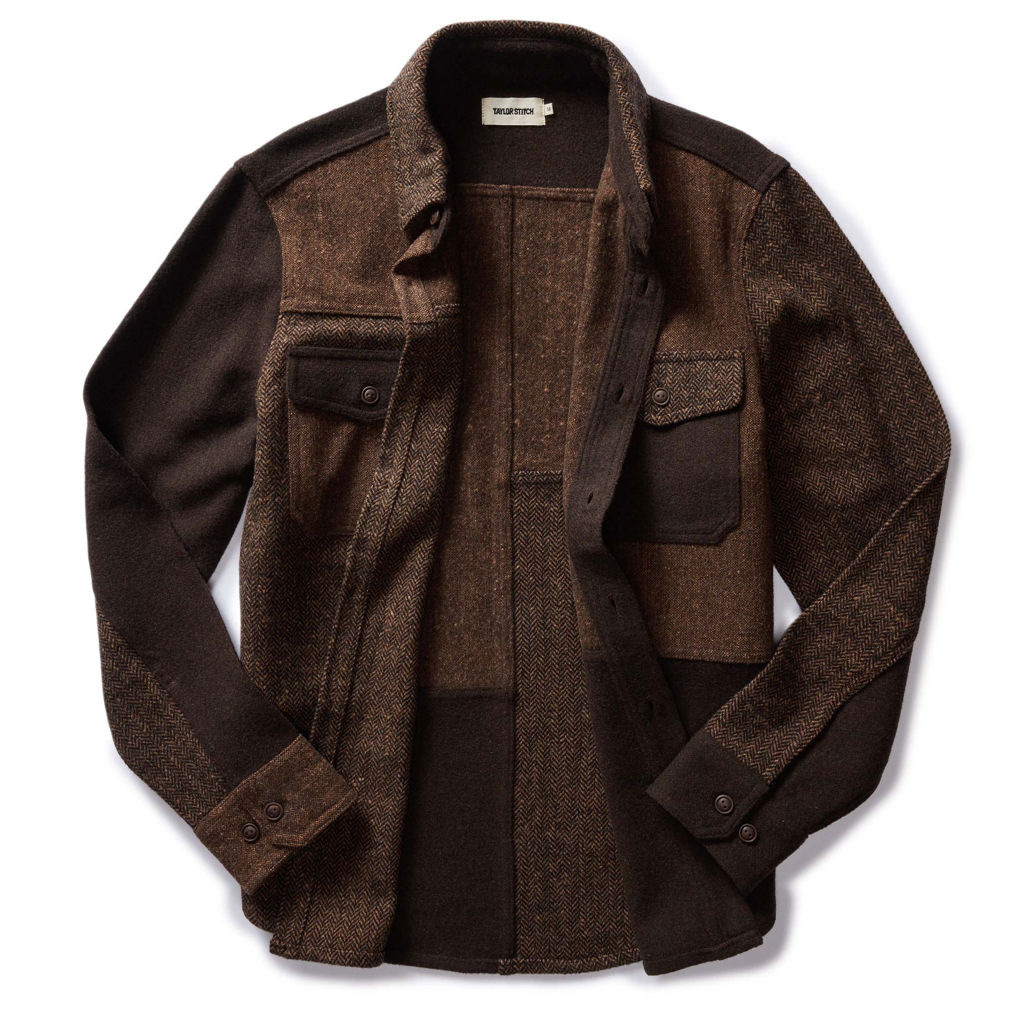 flatlay of The Patchwork Overshirt in Timber Tweed, shown open, Outerwear by Taylor Stitch