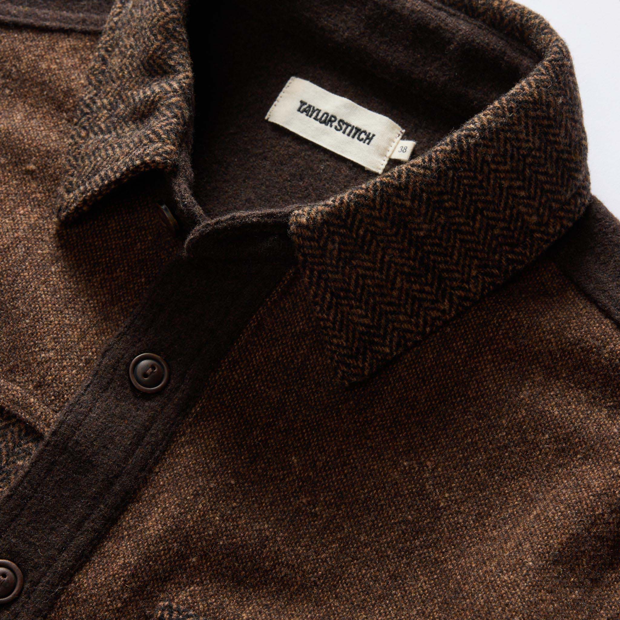 material shot of the collar on The Patchwork Overshirt in Timber Tweed, Outerwear by Taylor Stitch