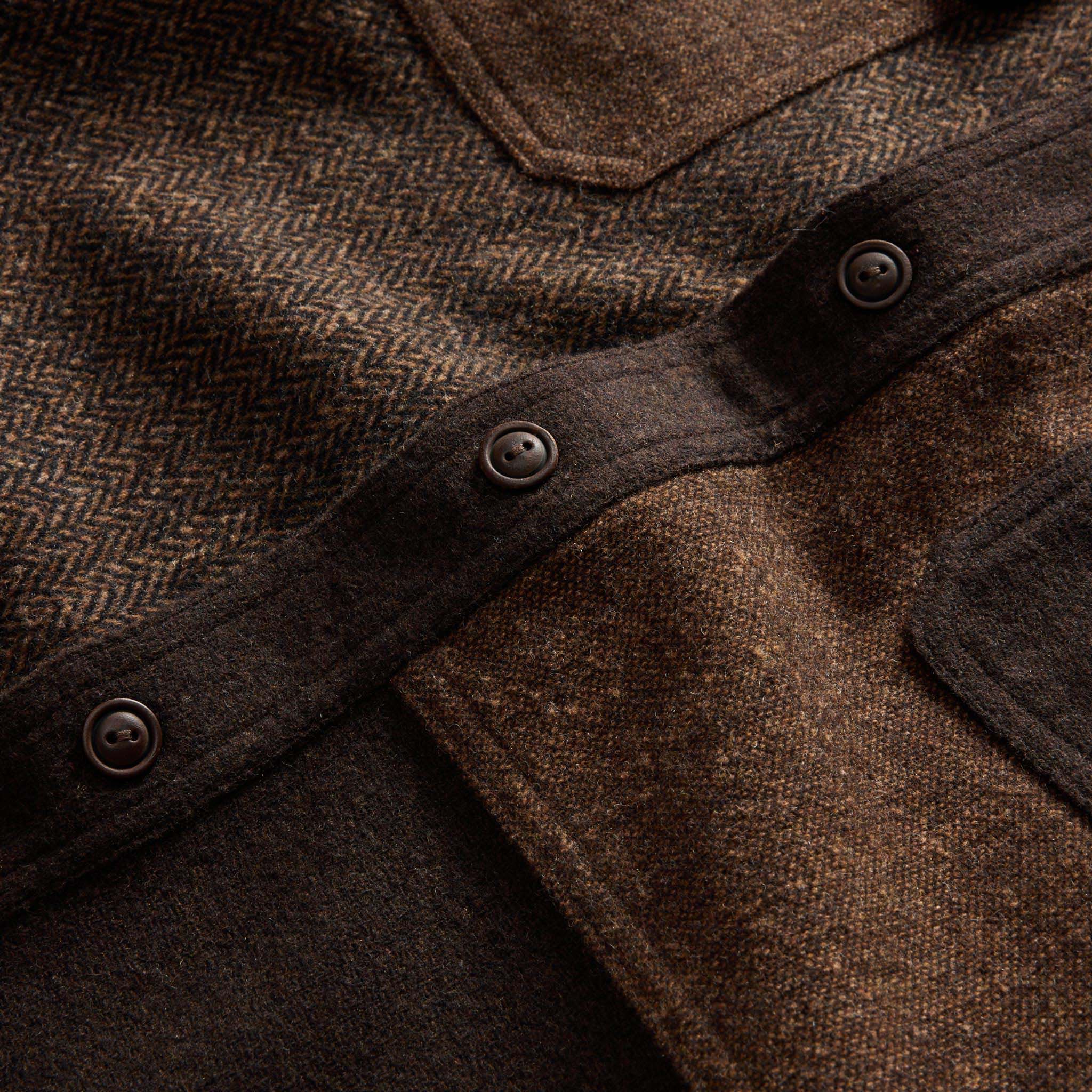 material shot of the buttons on The Patchwork Overshirt in Timber Tweed, Outerwear by Taylor Stitch