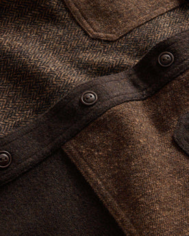 material shot of the buttons on The Patchwork Overshirt in Timber Tweed, Outerwear by Taylor Stitch