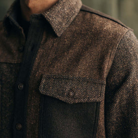fit model showing the front chest flap pockets on The Patchwork Overshirt in Timber Tweed