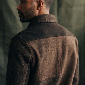 fit model showing the back of The Patchwork Overshirt in Timber Tweed
