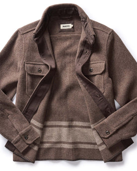 flatlay of The Ranger Shirt in Sable Heather Blanket Stripe Wool, shown open, Outerwear by Taylor Stitch