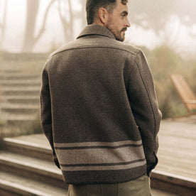 fit model showing the back of The Ranger Shirt in Sable Heather Blanket Stripe Wool