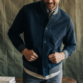 fit model showing the front of The Bomber Jacket in Dark Navy Moleskin