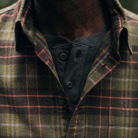 fit model showing the front of The California in Tarnished Brass Plaid