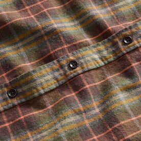 material shot of the dark horn buttons on The California in Tarnished Brass Plaid