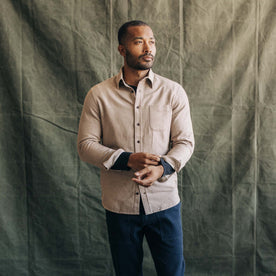fit model posing in The California Shirt in Brushed Caramel