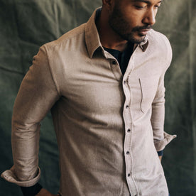 fit model in The California Shirt in Brushed Caramel