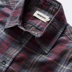 material shot of the collar on The California in Evening Sky Plaid