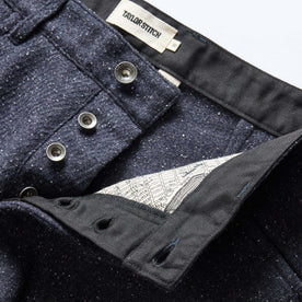 material shot of the button fly on The Camp Pant in Navy Nep Wool