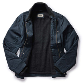 flatlay of The Deck Jacket in Dark Navy Dry Wax, shown open