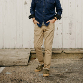 fit model in The Democratic All Day Pant in Light Khaki Broken Twill