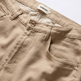 material shot of the button fly on The Democratic All Day Pant in Light Khaki Broken Twill