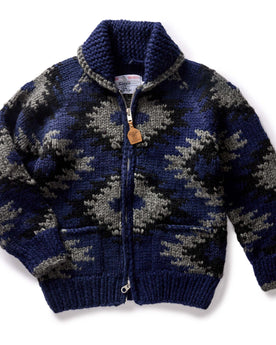 flatlay of The Seawall Hand-Knit Sweater in Navy Kilim, Knits by Taylor Stitch
