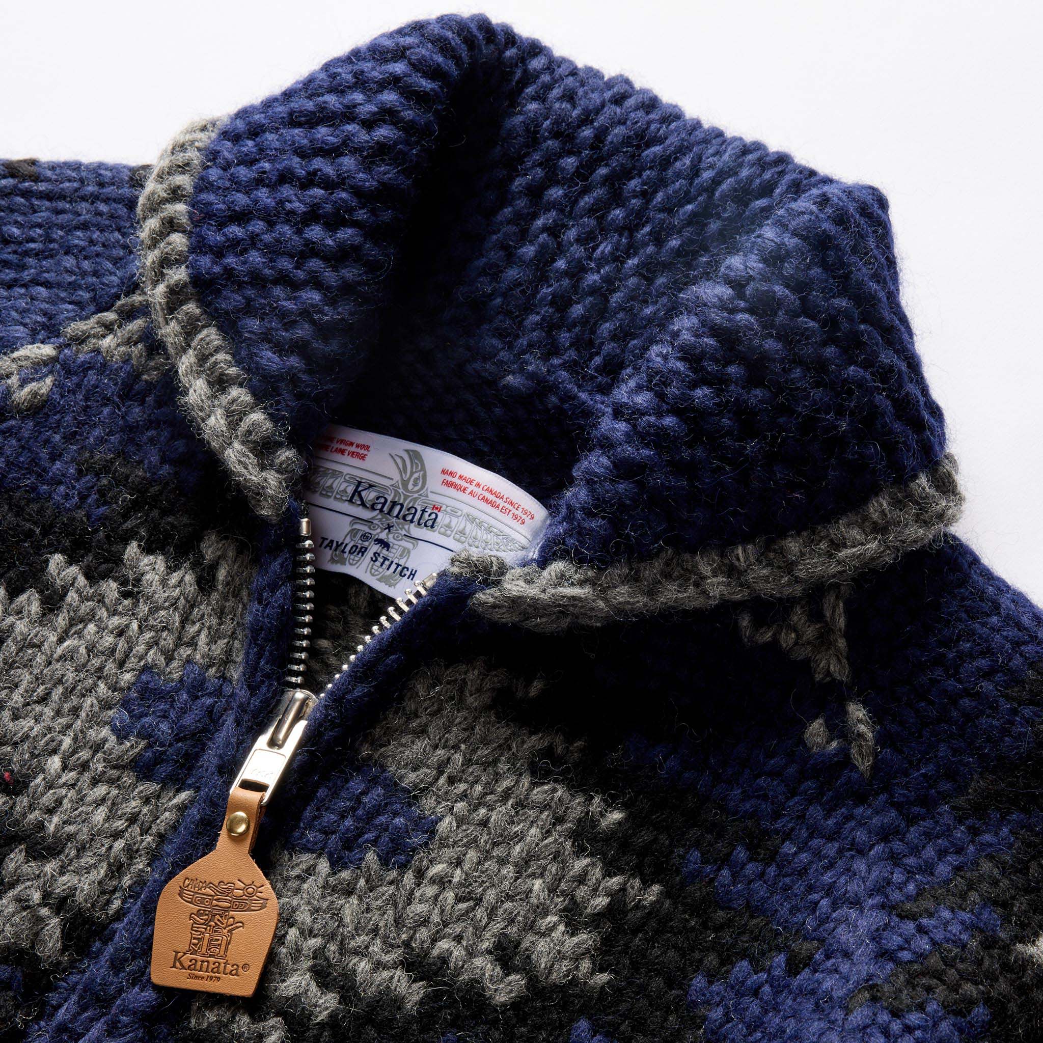 material shot of the shawl collar on The Seawall Hand-Knit Sweater in Navy Kilim, Knits by Taylor Stitch