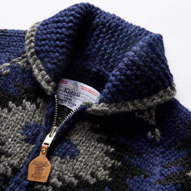 material shot of the shawl collar on The Seawall Hand-Knit Sweater in Navy Kilim