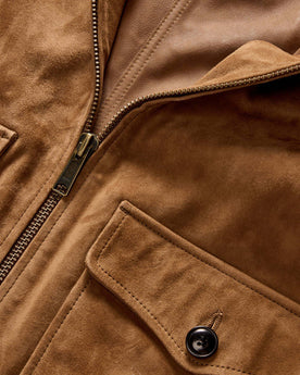 material shot of the YKK zipper on The James Jacket in Vintage Tan Suede, Outerwear by Taylor Stitch