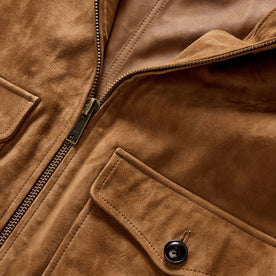 material shot of the YKK zipper on The James Jacket in Vintage Tan Suede