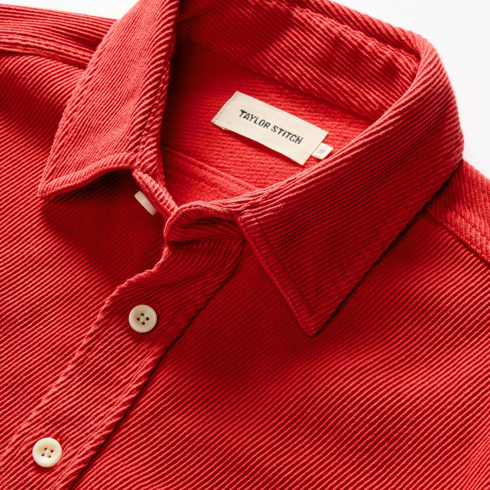 material shot of the collar on The Ledge Shirt in Cardinal, Wovens by Taylor Stitch