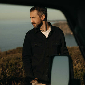 fit model in The Ledge Shirt in Coal, Wovens by Taylor Stitch