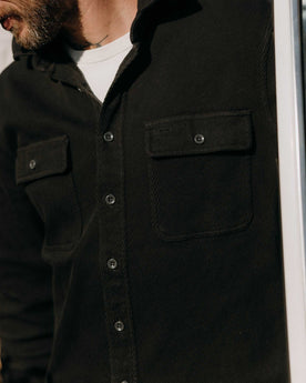 material shot of the collar on The Ledge Shirt in Coal, Wovens by Taylor Stitch