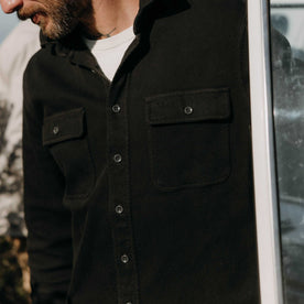 material shot of the collar on The Ledge Shirt in Coal, Wovens by Taylor Stitch