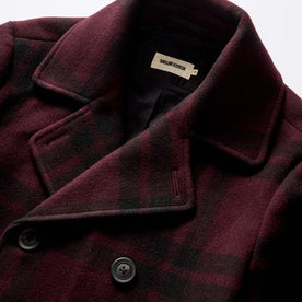 material shot of the double breasted front on The Mariner Coat in Port Plaid Wool