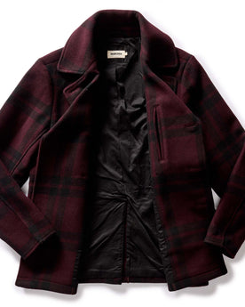flatlay of The Mariner Coat in Port Plaid Wool, shown open, Outerwear by Taylor Stitch