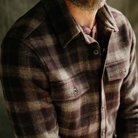 fit model showing the front of The Maritime Shirt Jacket in Burgundy Plaid