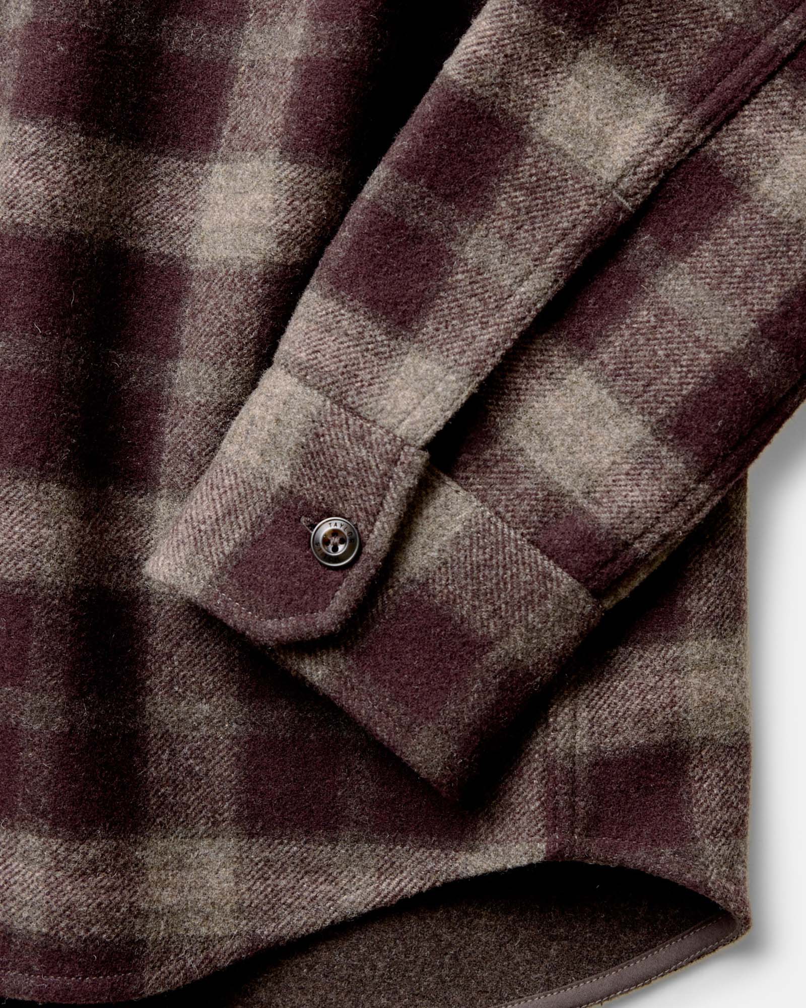material shot of the collar o The Maritime Shirt Jacket in Burgundy Plaid, Wovens by Taylor Stitch
