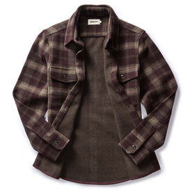 flatlay of The Maritime Shirt Jacket in Burgundy Plaid, shown open