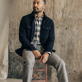 fit model in The Maritime Shirt Jacket in Navy Wool