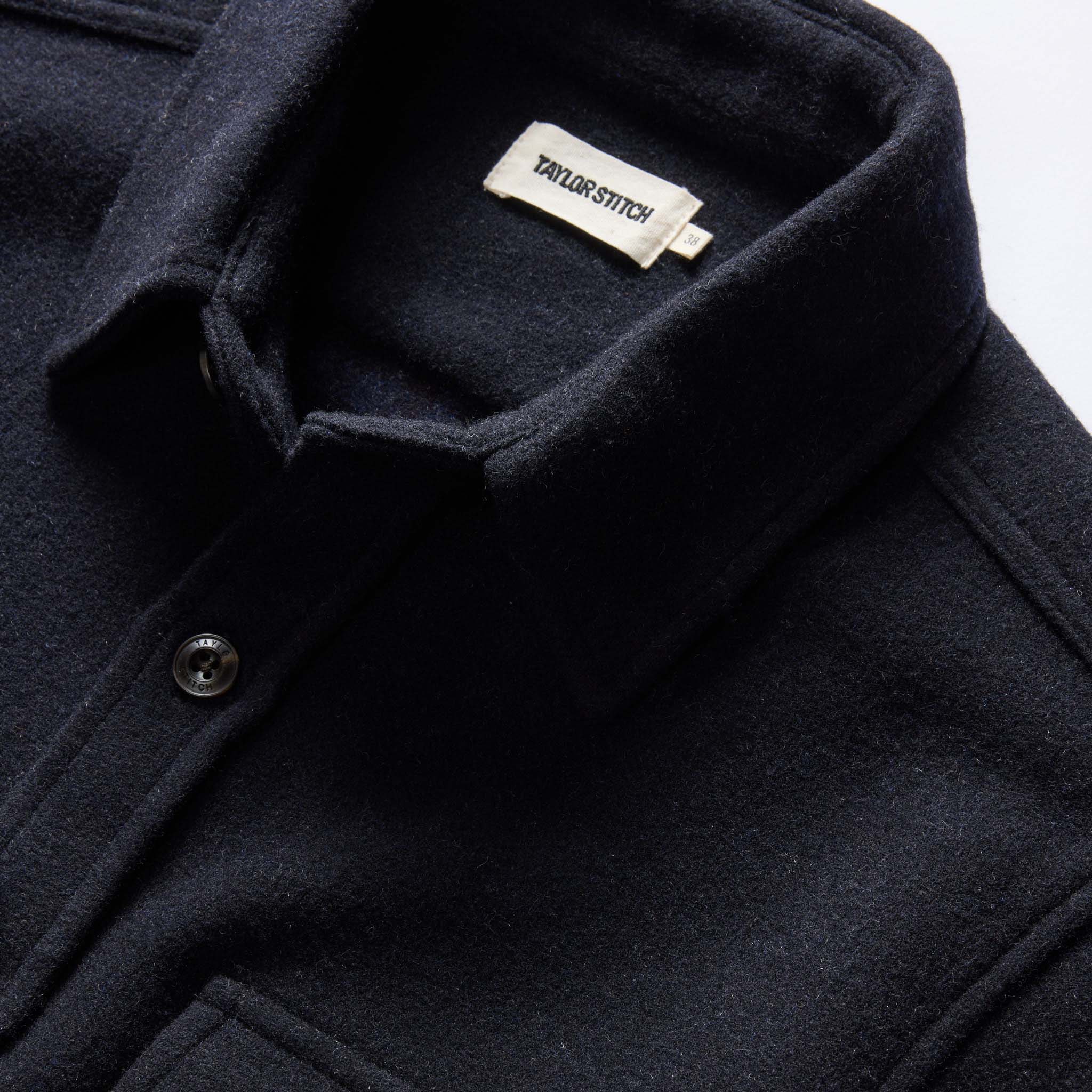 material shot of the collar on The Maritime Shirt Jacket in Navy Wool, Wovens by Taylor Stitch