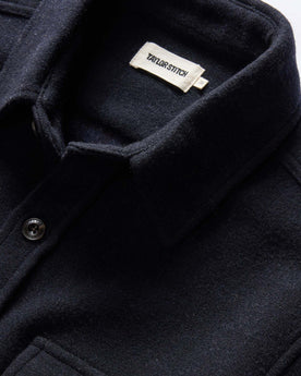 material shot of the collar on The Maritime Shirt Jacket in Navy Wool, Wovens by Taylor Stitch
