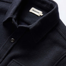 material shot of the collar on The Maritime Shirt Jacket in Navy Wool