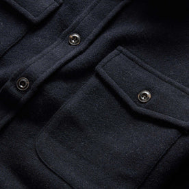 material shot of the front chest pockets on The Maritime Shirt Jacket in Navy Wool
