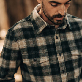 fit model showing the front of The Maritime Shirt Jacket in Dried Pine Plaid