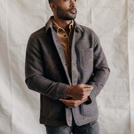fit model in The Ojai Jacket in Heathered Camo Wool