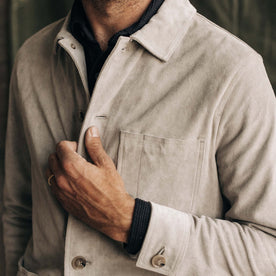 fit model wearing The Ojai Jacket in Oyster Suede