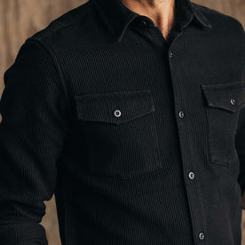 fit model showing the front of The Point Shirt in Coal Sashiko